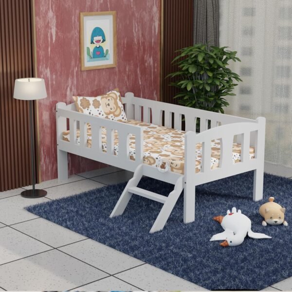 Solid Wood Kids Single Bed Cot with Ladder for Kids Room & Bedroom in White Finish