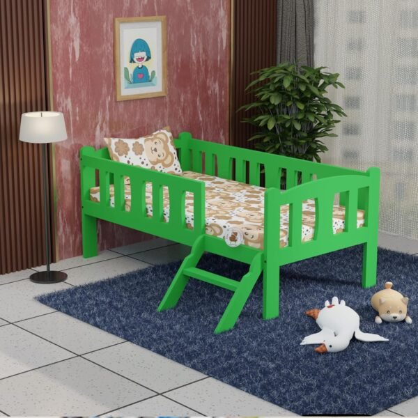 Solid Wood Kids Single Bed Cot with Ladder for Kids Room & Bedroom in Green Finish