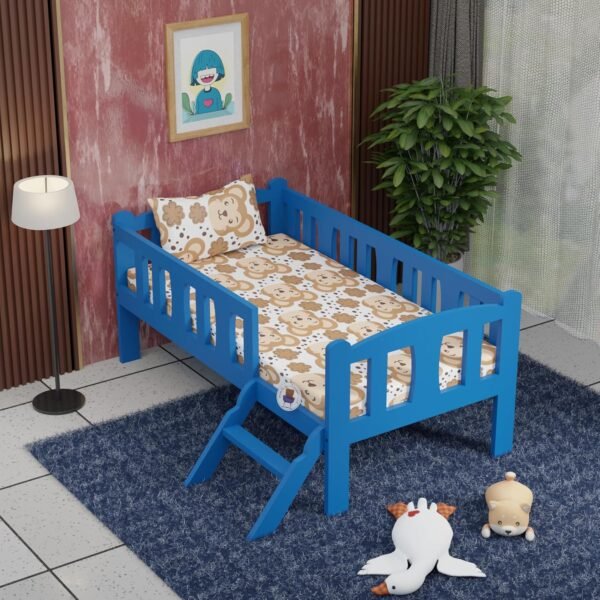 Wooden Kids Single Bed Cot with Ladder for Kids Room & Bedroom in Blue Finish